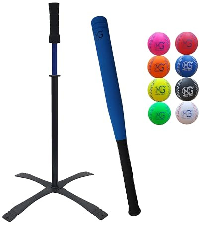 Macro Giant 27 Inch T Ball, Tee Ball, T-Ball Set, 1 Blue Bat, 8 PU Foam Baseballs, Multi Colors, Training, Youth Batting Trainer Beginner, School Playground