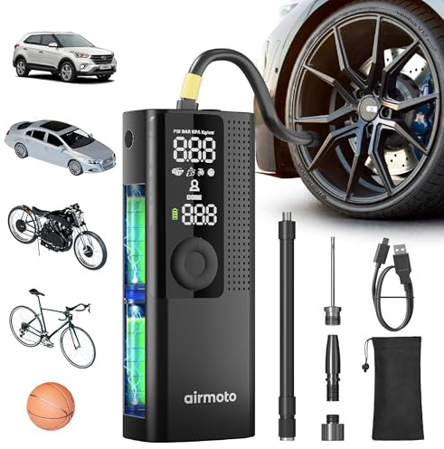 Airmoto Tire Inflator Portable Air Compressor - Air Pump For Car Tires with Digital Pressure Gauge, LED Light and Auto Shut-Off Function - Cordless Pump for Car, Motorcycle, Bicycle, Ball