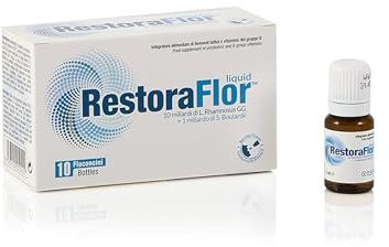 RestoraFlor Liquid – Probiotisches Nahrungsergänzungsmittel für die Darmflora – Probiotikum mit 2 Bakterienstämmen 11 Mrd. KBE/Flasche – Mit Rhamnosus GG & Saccharomyces Boulardii – 10 Flaschen à 7 ml