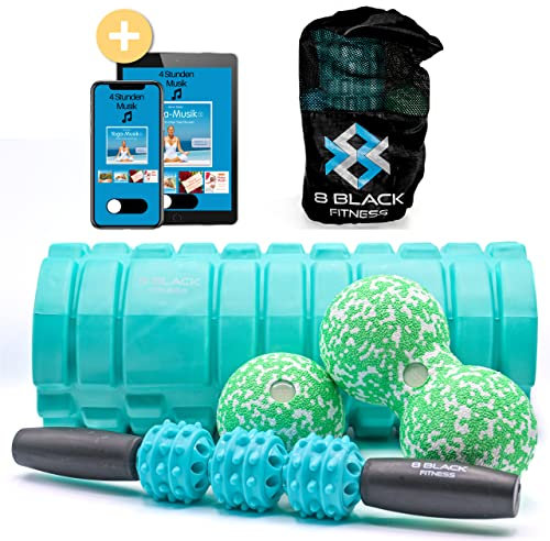CLEAN SPORTS® Faszienrollen Set bestehend aus Rolle, Ball, Duoball und Massageroller zum Faszien Training von Muskeln, Bindegewebe und Stoffwechsel. Inklusive Entspannungsmusik. Ideale Selbstmassage