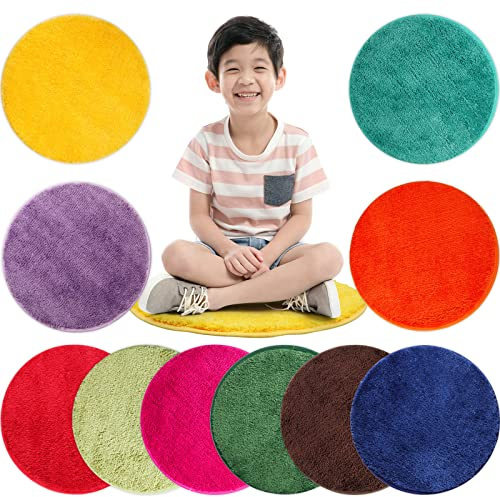 Nuogo 10 Pieces Kids Crazy Carpet Seats Rainbow Floor Rug Mats Warm Colorful Soft Floor Cushions for Home Classroom School Story Time Group Activity Spot Marker Play Areas (Round)