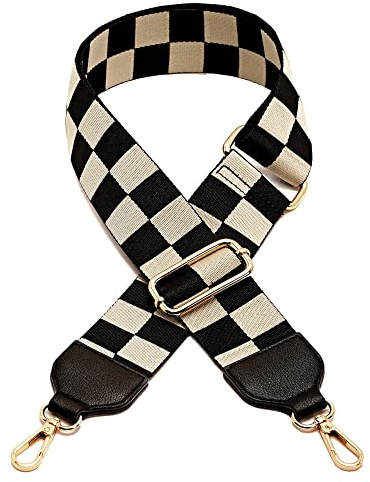 Like Dreams Checkered Purse Strap | Crossbody Strap Replacement for Handbags | Wide Adjustable Bag Strap for Tote, Bogg, Vans, Guitar Style with Gold Hardware (Black & White)