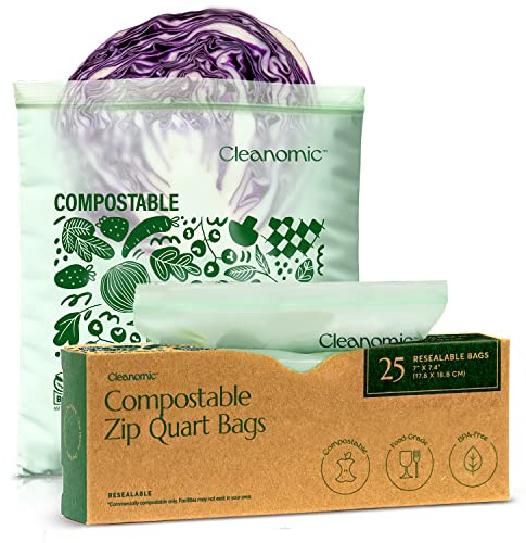 Cleanomic - Compostable Quart Size Ziplock Food Storage Bags, Biodegradable Quart Freezer Food Containers - Available Gallon, Sandwich, Snack Bags - BPI-Certified Small and Large Ziplock Bags