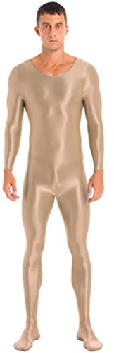 FEESHOW Herren Glänzend Nylon Bodysuit Overall Einteiler Sport Body Gymnastikanzug Trikot Leotard Männer Ganzkörper Strumpfhose Nachtwäsche B_Kaffee M