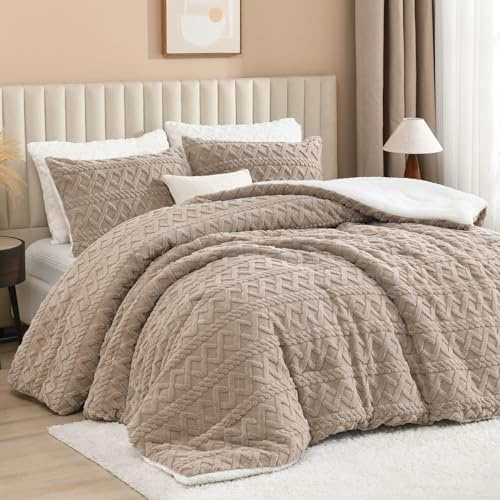 Andency Juego de edredón Mullido de Sherpa tamaño King, Ropa de Cama cálida de Forro Polar Caqui súper Suave para Invierno, Juego de Cama de Lujo de Felpa Gruesa y Jacquard, Juego de 3 Piezas (1