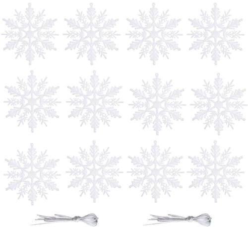 12 White Glitter Snowflake Hanging Decorations for Christmas Tree, Xmas Home Décor, Party Supplies