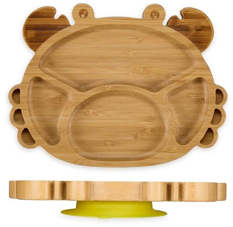 Relaxdays Baby Teller mit Saugnapf, Bambus, Krabbe, rutschfest, BPA-frei, Beikost, unterteilter Kinderteller, natur