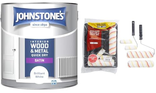 Johnstone's - Quick Dry Satin - Brilliant White - Satin Finish - Water Based - Interior Wood & Metal & Fit For The Job 7 piece Emulsion Paint Roller Set, 2x 9 inch & 2x Mini Paint Rollers, Frames
