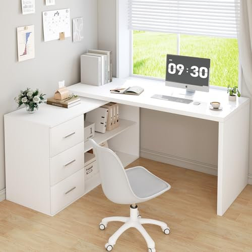 Mudmasa Schreibtisch Weiß, Computertisch, Eckschreibtisch, Schreibtisch L Form mit 3 Schubladen und 2 Regalen, Bürotisch, Schreibtische mit Stauraum für Homeoffice und Büro 152 x 50 x 76 cm