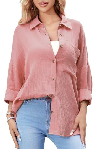 Stamain Cotton Shirts for Women Long Sleeve Summer Button Up Pink Blouses for Women UK Loose Fit Oversized Ladies Casual Baggy Gauze Shirts for Beach Holiday M