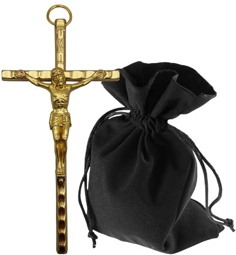 Lunexus Croce da parete in metallo, 11 cm, oro - croce cattolica in metallo benedetto - Crocifisso INRI, telaio della porta, sala devozione, soggiorno - croce da parete cristiana con sacchetto di