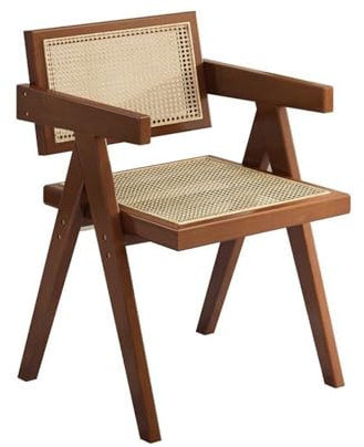 Mid Century Wood Dining Chair with Rattan Backrest and Arms for Kitchen Garden Balcony Bedroom - Brown