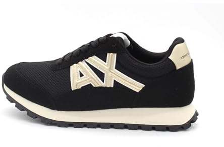 Armani Exchange A|X Female Drop, Color Contrast Stripe, Suede Details, Sneaker, Black/Pale Gold, 38