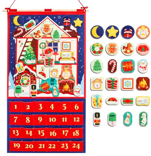 DPKOW DIY Felt Christmas Advent Calendar 2025, Refillable Advent Calendar with 24 Stuffed Ornaments, Xmas Decorations Christmas House Scene Decorations Home Door Wall, with 24 Pockets & Pole
