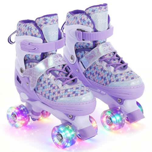 TOMSHOO Pattini a rotelle per ragazze, pattini in linea per bambini, ragazze, con luci a LED luminose, pattini in linea per bambini, misura regolabile, per principianti, bambini, regalo