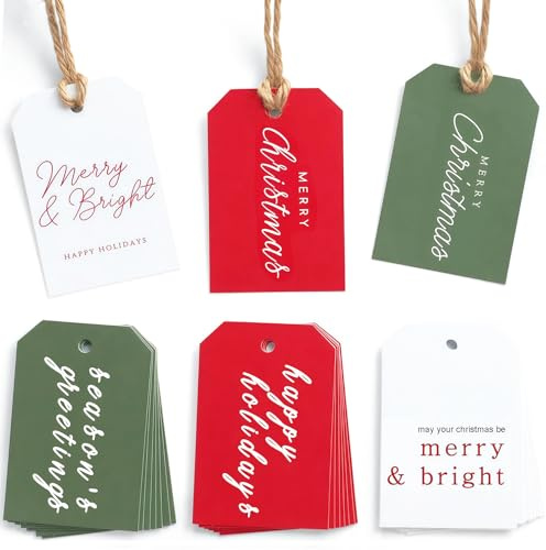 48Pcs Christmas Gift Tags for Presents, Xmas Gift Tags with Strings | 6 Design Modern Christmas Labels, Xmas Hanging Ornament Labels, Gift Tags for Presents Wrapping, Party Decoration Accessories