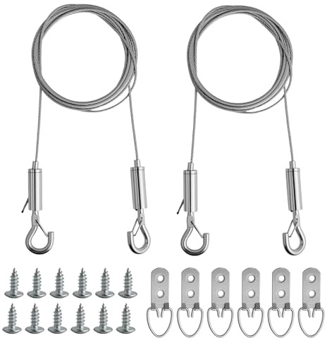 2 cordes à photos réglables, câble de suspension en acier inoxydable, cordes de tension avec crochets, 1.5 mm × 2 mètres, avec 6 crochets pour cadres photo, 12 vis, pour tableaux, cadres photo