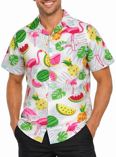 King Kameha Camisa Hawaiana Hombre de Manga Corta, Flamingo Melon, Blanco, XS