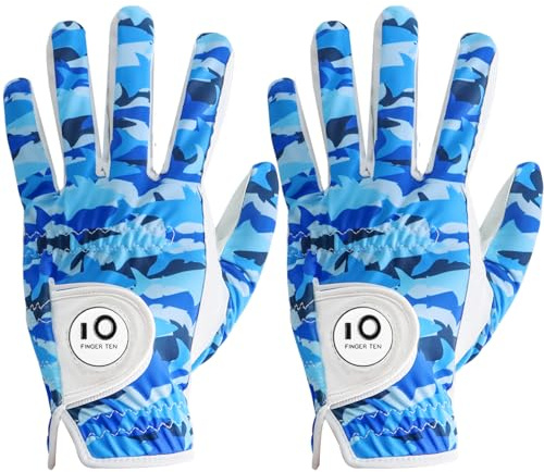 FINGER TEN Lot de 2 gants de golf pour homme main gauche en cuir avec marqueur de balle imprimé Grip, résistant aux intempéries, résistant aux intempéries (taille M/L, portés à la main gauche -