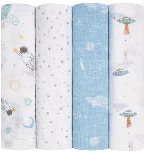 aden + anais Manta Espacial Swaddle – Pack de 4 | Gran 100% Transpirable Muselina de algodón – Wrap – Juego de Envoltura para bebés y niños | Astronauta & Nave Espacial Print