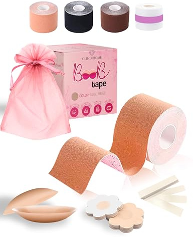 GLINDIHOME Cinta Adhesiva Pecho 5m. Incluye: 1 Rollo Boob Tape +2 Pezoneras Adhesivas Invisibles Reutilizables +36 Tiras Doble Cara Ropa +10 Pezoneras Tela +Bolsa. Sujetador Invisible. (Beige)