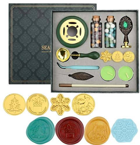 Christmas Wax Seal Stamp Kit,Sealing Wax Beads,4 Wax Seal Stamp Heads with Retro Handle,Wax Seal Warmer,Wax Melting Spoon,Tea Candles,Wax Seal Pens,Tweezers,Sealing Wax Stamp Pad for Envelopes Letters