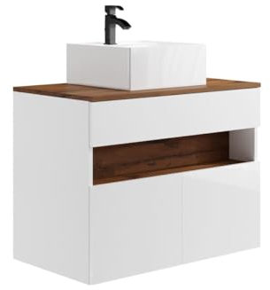 Vente-unique-Mobile per il bagno sospeso a LED con lavabo da appoggio Bianco e le scuro L80 cm POZEGA