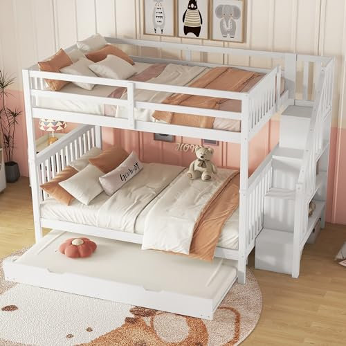 Etagenbett 140x200 mit Ausziehbett und Treppe, Kinderbett Hochbett für 3 Kinder, Jugendbett mit lattenrost und Rausfallschutz, Stockbett Funktionsbett, ohne Matratze (weiß mit Ausziehbett, 140x200)