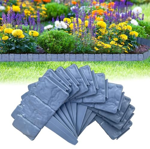 Bordo per prato in plastica effetto pietra, 2,5 m, grigio, flessibile bordatura da giardino, bordo per recinzione, aiuola, vegetali, decorazione da giardino, 25 x 23 cm (grigio, 10 pezzi - 2,5 m)