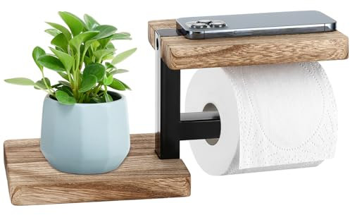 Pavlleen Porte Papier Toilette Mural en Bois avec Tablette | Support Mural avec Percage | Étagères Spacieuses | Noir | Porte-Rouleau pour Toilettes et Cuisines
