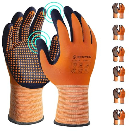 Schwer 6 Pairs Safety Work Gloves MicroFoam Nitrile Coated, Certified Level 6 Abrasion & A1 Cut Resistant Working Gloves with MicroDot Grip, Touchscreen, Used for General Work, Gardening, LT5619, L
