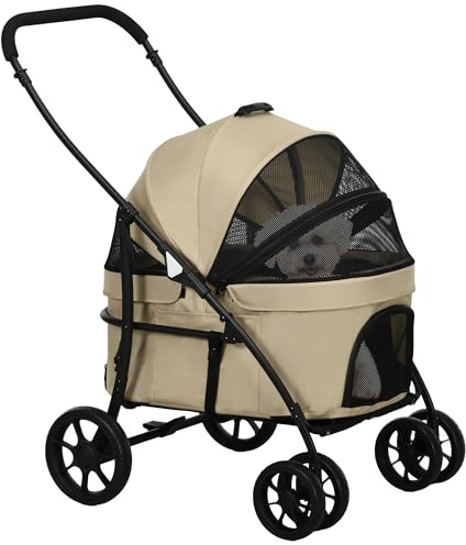 PawHut Poussette pour Chien et Chat 2 en 1 Pliante Chariot pour Chat Chiots avec nacelle Amovible, Coussin, Laisse de sécurité, jusqu'à 10 kg, Acier 81 x 68 x 98,5 cm, Kaki