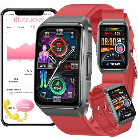 Fohatu Neu 𝐛𝐥𝐮𝐭𝐳𝐮𝐜𝐤𝐞𝐫 Smartwatch 𝐛𝐥𝐮𝐭𝐳𝐮𝐜𝐤𝐞𝐫𝐦𝐞𝐬𝐬𝐮𝐧𝐠 EKG 𝐃𝐢𝐚𝐛𝐞𝐭𝐞𝐬 Smartwatch Mit Bluetooth-Anrufe Fitness Tracker Mit Blutfette Harnsäure Blutdruck (Rot)