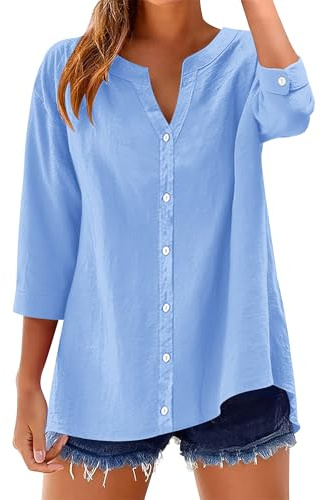 LOMON Button Down Shirts 3/4 Sleeve Cotton Linen Tops Roll Up Short Sleeve V Neck Loose Work Blouse Sky Blue XXL