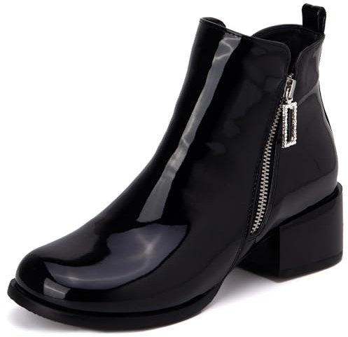 LarDorLin Charol Chelsea Mujer Tacón Ancho Medio Botas Cortas Invierno Oficina Comodo Punta Rojoonda Zip Moda Botín Chunky Negro Talla 38 EU (39 Cn)