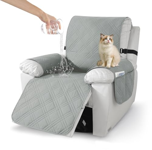 Bocguy Sesselschoner, Sesselbezug Wasserdicht, Sessel Überzug mit Seitentaschen, Sesselhusse Armlehnenschoner, rutschfest Sesselauflage für Relaxsessel und Fernsehsessel Maschinenwaschbar(Hellgrau)