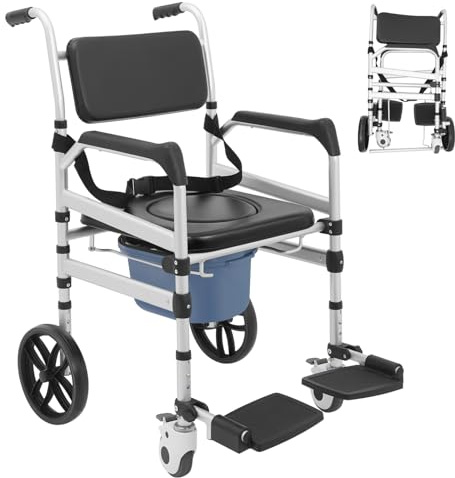 Silla de baño para personas mayores, silla de ducha plegable con ruedas, reposabrazos, reposapiés, placa en forma de O, silla de inodoro regulable en altura para inodoro, baño, dormitorio, capacidad