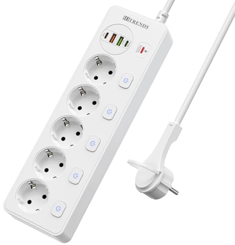Steckdosenleiste 5 Fach Einzeln Schaltbar, Steckdosenleiste Wandmontage mit 2M Cable, Flachstecker Mehrfachsteckdose mit 2 USB-C & 2 USB-A (20W PD) für Homeoffice & Haushalt, Weiß