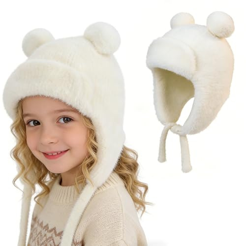 AYPOW Adorables Oreille de Ours Chaud Tricot Bonnet Enfants 4-10 Ans, Hiver Thermique Coupe-Vent Doux pour La Peau Confortable Earflap Chapeau, Élastique Cache-Oreilles Casquette pour Fille Garçon