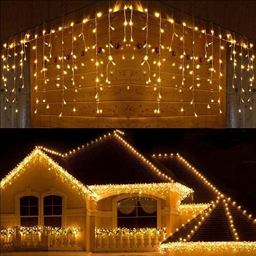 BrizLabs Luci Natale Cascata Esterno, 240 LED 12M Tenda Luminosa Bianco Caldo Luci Natalizia Interno Impermeabile 8 Modalità Decorazione per Casa Feste Finestra Giardino San Valentino, Cavo Bianco
