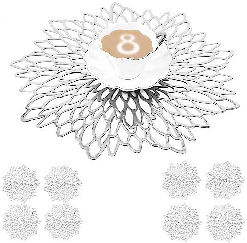 Mangata Silver Placemats and Coaster Sets of 8, Round Table Placemats for Christmas, Wedding, Dinner Parties, Restaurant, Hotel, 38cm, 15.5inches