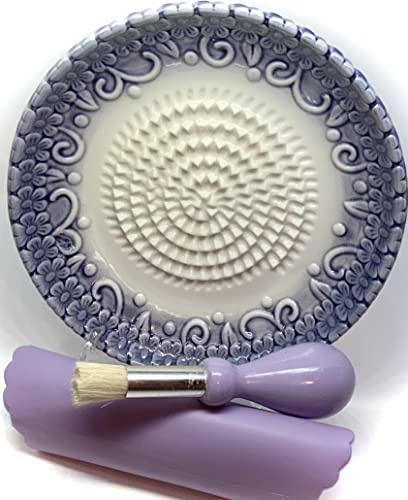 BonCera, All-in-one Premium Ceramic Garlic Grater Plate 4-Piece Set - Purple Embossed Design and Style - For Garlic, Ginger, Chocolate, and more! - Comes with 5.25 Plate, Peeler, Brush, and Stand