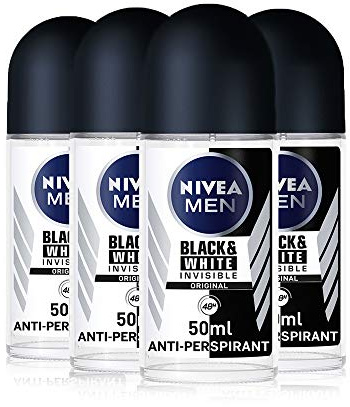 NIVEA MEN Black & White Invisible Original Roll-On Antiperspirant for Men - 48h Protection, 0% Alcohol, Pack of 4 (4 x 50ml)