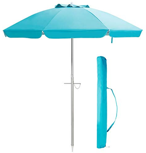 GIANTEX Parasol de plage de 198 cm avec ancrage - Parasol de jardin inclinable - Parasol de marché avec sac de transport - Parasol rond - Protection solaire UV50+, bleu, grand