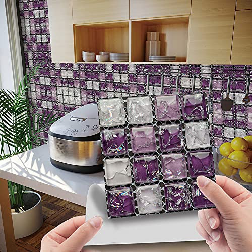 30 Pezzi Adesivi per Piastrelle per Mobili e Pareti, Hiser 3D Mosaico Stile Impermeabile Adesivo da Parete Autoadesive Rotoli Carta per Cucina Bagno Casa Decorativo 10x10cm (Viola)