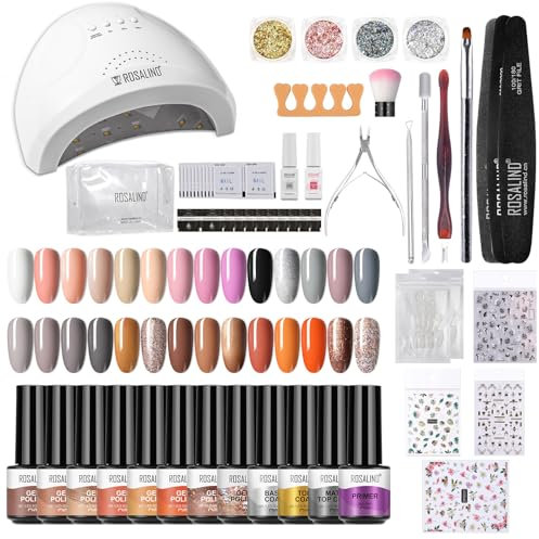 ROSALIND Kit Uñas Semipermanente, 48W Lampara Uñas Semipermanentes, 28 Colores Uñas Semipermanentes Kit Completo y Base Top Matte Coat Primer Gel Esmaltes Permanentes Blanco Negro Gris Marrón