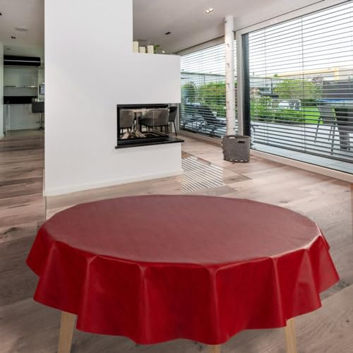 laro Wachstuch-Tischdecke Abwaschbar Garten-Tischdecke Wachstischdecke PVC Plastik-Tischdecken Eckig Meterware Wasserabweisend Abwischbar GAC, Muster:Rot Leinenoptik, Größe:140cm Rund