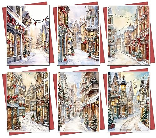 Christmas Cards Boxed | 30 Pack Xmas Cards Multipack | 6 Unique Traditional Vintage Winter Street Scene Designs Retro Festive Seasons Greetings For Friends Family
