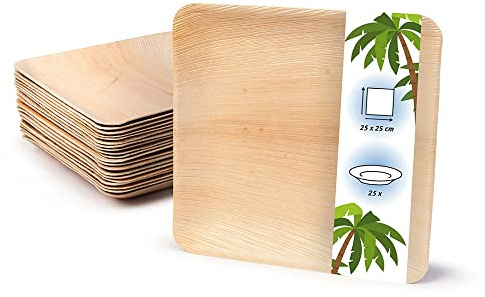 onlyleaf Palmware Haute qualité d'assiette en feuille de palmier I 25 pièces d'assiettes rectangle du feuille palmier 15 x 15 cm I Bio jetable vaisselle pour fête rapidement décomposable
