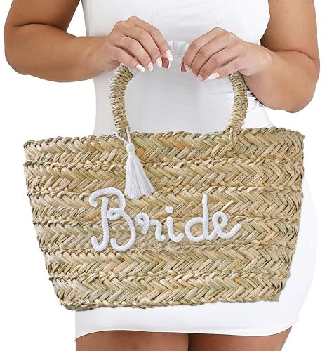 Ginger Ray Geflochtene Rattantasche mit „Braut“-Seilverzierung und weißer Quaste für Junggesellinnenabschiede oder Flitterwochen, Brown